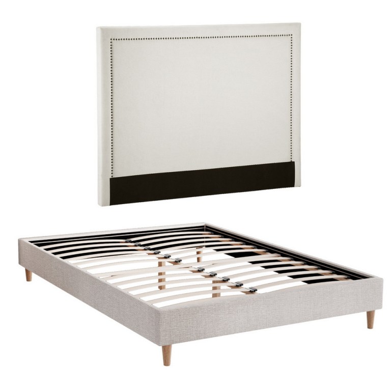 artiss queen bed frame platform bed base upholstered headboard linen fabric beige