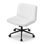 artiss criss cross chair with wheels wide cross legged office desk vanity chair pu leather, armless height adjustable swivel home office chair for home computer task, white