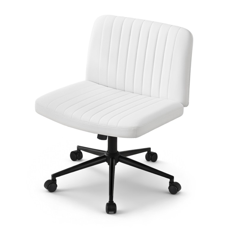 artiss criss cross chair with wheels wide cross legged office desk vanity chair pu leather, armless height adjustable swivel home office chair for home computer task, white