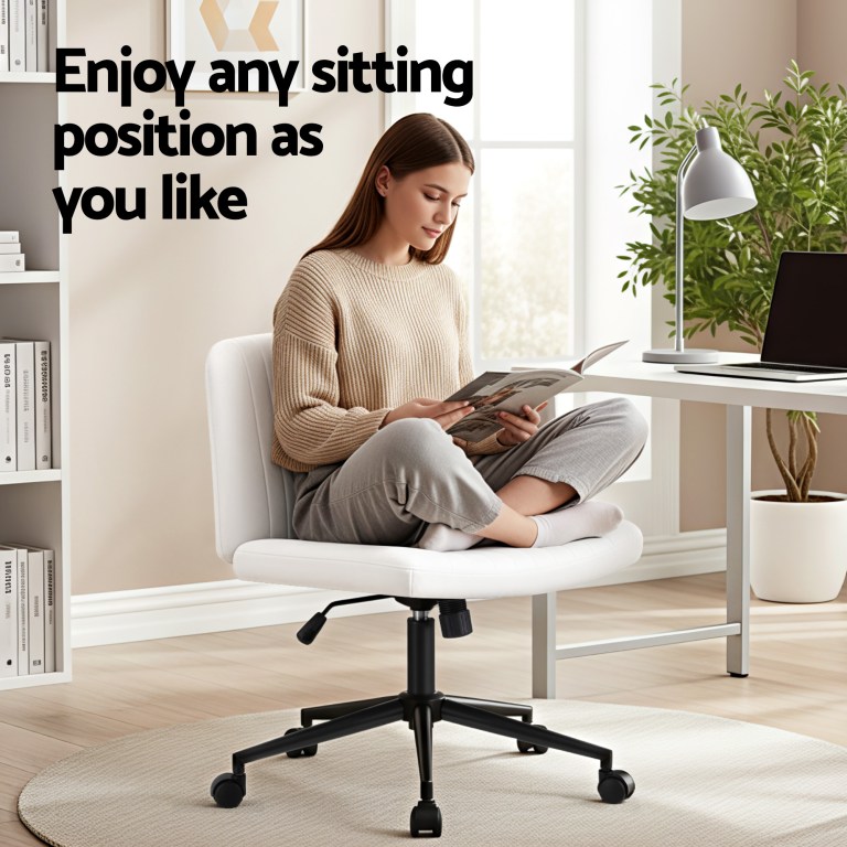 artiss criss cross chair with wheels wide cross legged office desk vanity chair pu leather, armless height adjustable swivel home office chair for home computer task, white