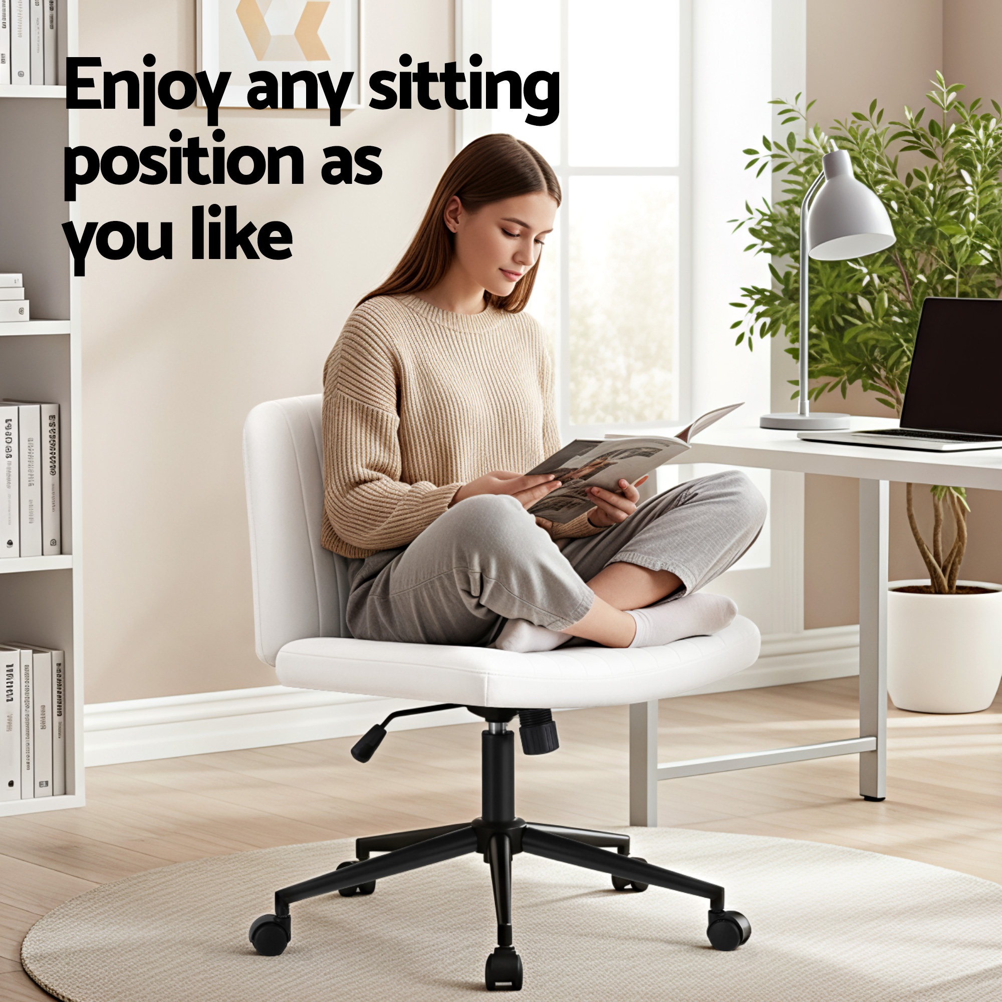 artiss criss cross chair with wheels wide cross legged office desk vanity chair pu leather, armless height adjustable swivel home office chair for home computer task, white
