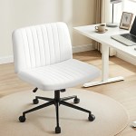 artiss criss cross chair with wheels wide cross legged office desk vanity chair pu leather, armless height adjustable swivel home office chair for home computer task, white