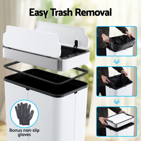 devanti rubbish bin 70l automatic sensor kitchen bin, slim smart garbage can touchless rectangular with liner holder, fully closed lid for bedroom, bathroom, living room, white