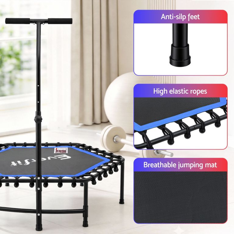 everfit 48inch hexagon fitness trampoline rebounder adjustable handrail blue