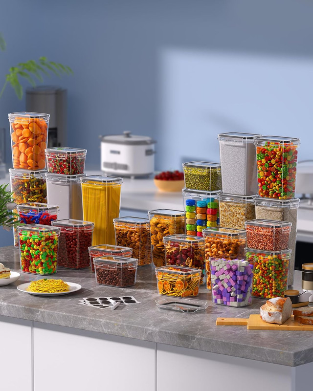 airtight food storage containers with lids, 16 pcs kitchen and pantry organization canisters, bpa free, pvc free, food grade plastic leak proof jars for cereal, flour, sugar, extra 16 labels & marker