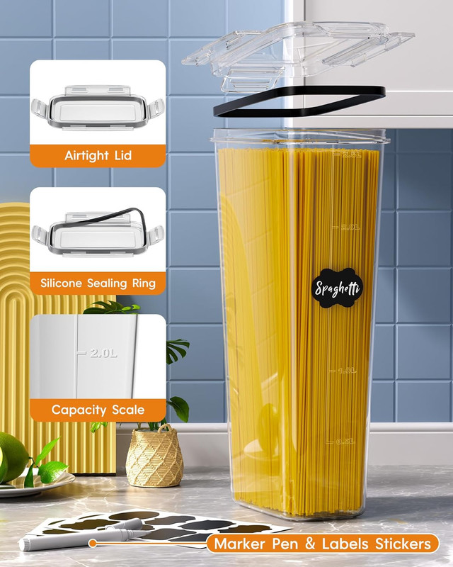 airtight food storage containers with lids, 16 pcs kitchen and pantry organization canisters, bpa free, pvc free, food grade plastic leak proof jars for cereal, flour, sugar, extra 16 labels & marker