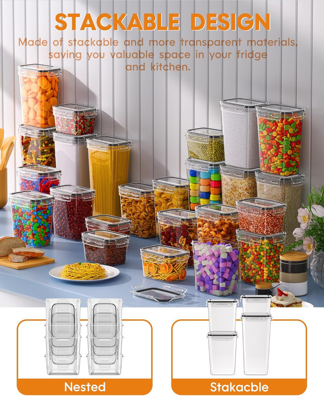 airtight food storage containers with lids, 16 pcs kitchen and pantry organization canisters, bpa free, pvc free, food grade plastic leak proof jars for cereal, flour, sugar, extra 16 labels & marker