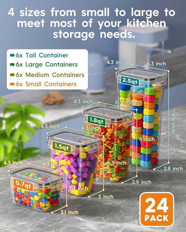 airtight food storage containers with lids, 16 pcs kitchen and pantry organization canisters, bpa free, pvc free, food grade plastic leak proof jars for cereal, flour, sugar, extra 16 labels & marker