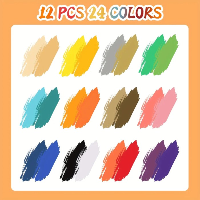 12 pack dual tip acrylic paint markers, 24 colors double brush tips, dual color acrylic paint pens suitable for use on various surfaces by adults: stone, wood, rock, canvas, plastic, glass, ceramic, and more. 12 pack dual tip acrylic paint markers, 24 colors double brush tips, dual color acrylic paint pens suitable for use on various surfaces by adults: stone, wood, rock, canvas, plastic, glass, ceramic, and more.