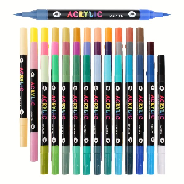 12 pack dual tip acrylic paint markers, 24 colors double brush tips, dual color acrylic paint pens suitable for use on various surfaces by adults: stone, wood, rock, canvas, plastic, glass, ceramic, and more.