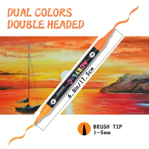 24 pack dual tip acrylic paint markers, 48 colors double brush tips, dual color acrylic paint pens suitable for use on various surfaces by adults: stone, wood, rock, canvas, plastic, glass, ceramic, and more.