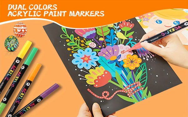 24 pack dual tip acrylic paint markers, 48 colors double brush tips, dual color acrylic paint pens suitable for use on various surfaces by adults: stone, wood, rock, canvas, plastic, glass, ceramic, and more.