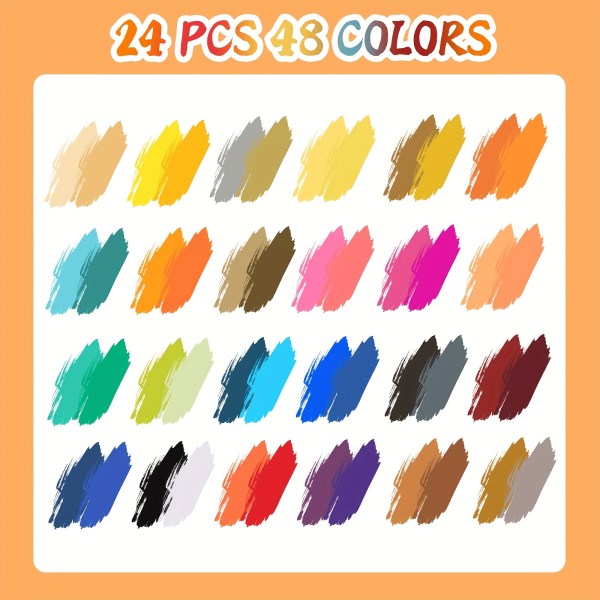 24 pack dual tip acrylic paint markers, 48 colors double brush tips, dual color acrylic paint pens suitable for use on various surfaces by adults: stone, wood, rock, canvas, plastic, glass, ceramic, and more.