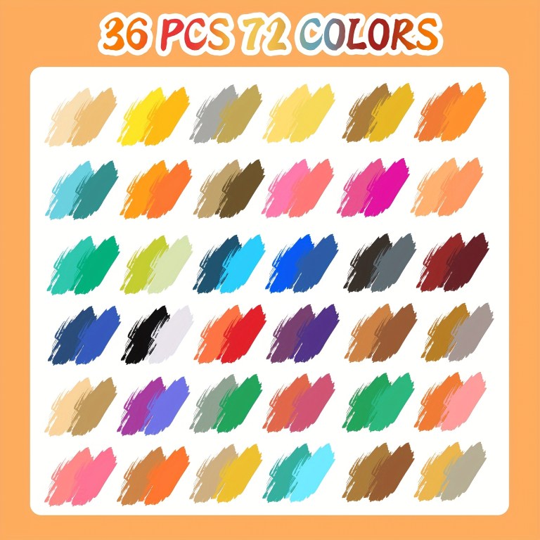 36 pack dual tip acrylic paint markers, 72 colors double brush tips, dual color acrylic paint pens suitable for use on various surfaces by adults: stone, wood, rock, canvas, plastic, glass, ceramic, and more.