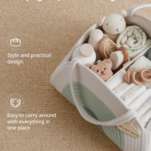 portable cotton rope diaper caddy – large baby storage basket with removable dividers and handles for nursery, car, travel – stylish organizing bin for newborn essentials (mint rainbow)