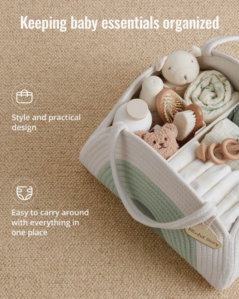 portable cotton rope diaper caddy – large baby storage basket with removable dividers and handles for nursery, car, travel – stylish organizing bin for newborn essentials (mint rainbow)