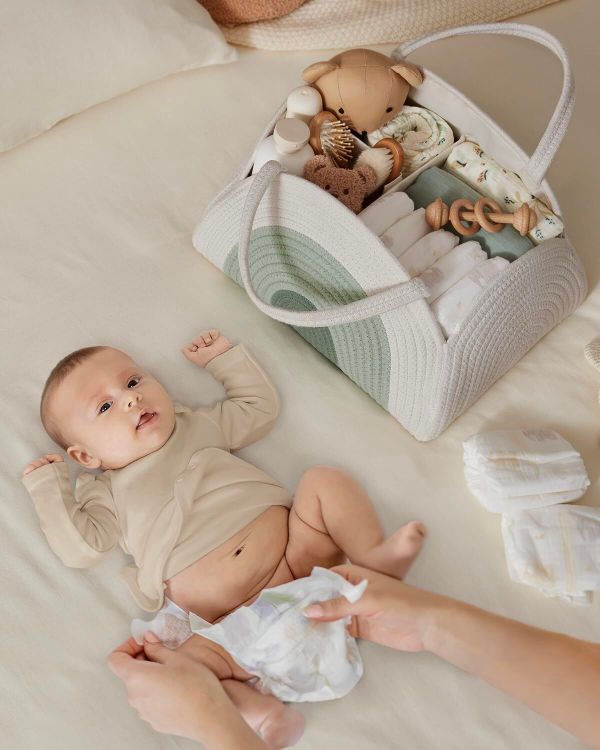 portable cotton rope diaper caddy – large baby storage basket with removable dividers and handles for nursery, car, travel – stylish organizing bin for newborn essentials (mint rainbow) portable cotton rope diaper caddy – large baby storage basket with removable dividers and handles for nursery, car, travel – stylish organizing bin for newborn essentials (mint rainbow)