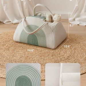 portable cotton rope diaper caddy – large baby storage basket with removable dividers and handles for nursery, car, travel – stylish organizing bin for newborn essentials (mint rainbow)