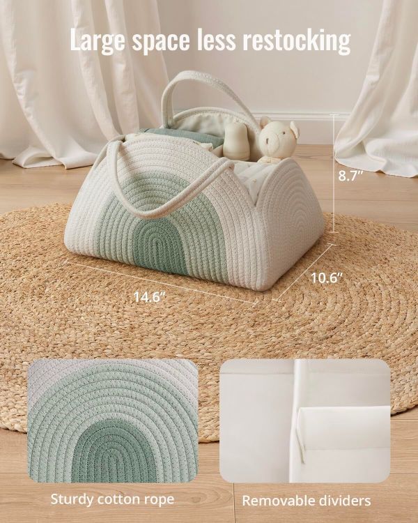 portable cotton rope diaper caddy – large baby storage basket with removable dividers and handles for nursery, car, travel – stylish organizing bin for newborn essentials (mint rainbow) portable cotton rope diaper caddy – large baby storage basket with removable dividers and handles for nursery, car, travel – stylish organizing bin for newborn essentials (mint rainbow)