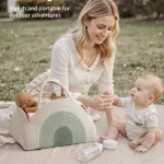 portable cotton rope diaper caddy – large baby storage basket with removable dividers and handles for nursery, car, travel – stylish organizing bin for newborn essentials (mint rainbow)