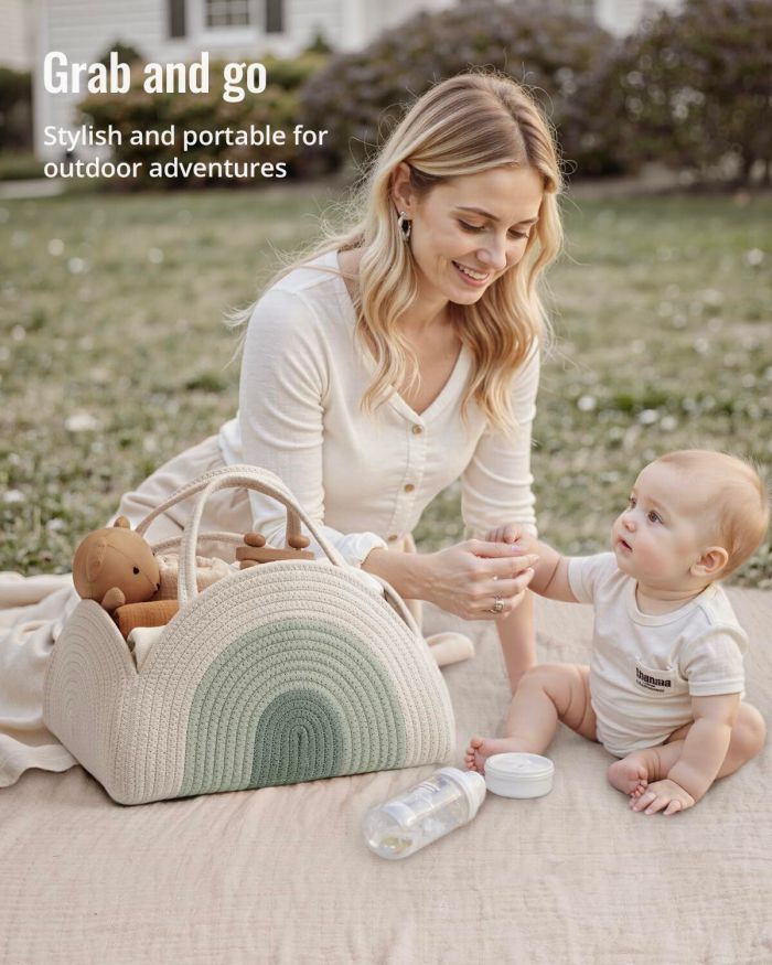 portable cotton rope diaper caddy – large baby storage basket with removable dividers and handles for nursery, car, travel – stylish organizing bin for newborn essentials (mint rainbow)