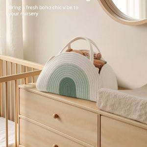 portable cotton rope diaper caddy – large baby storage basket with removable dividers and handles for nursery, car, travel – stylish organizing bin for newborn essentials (mint rainbow)