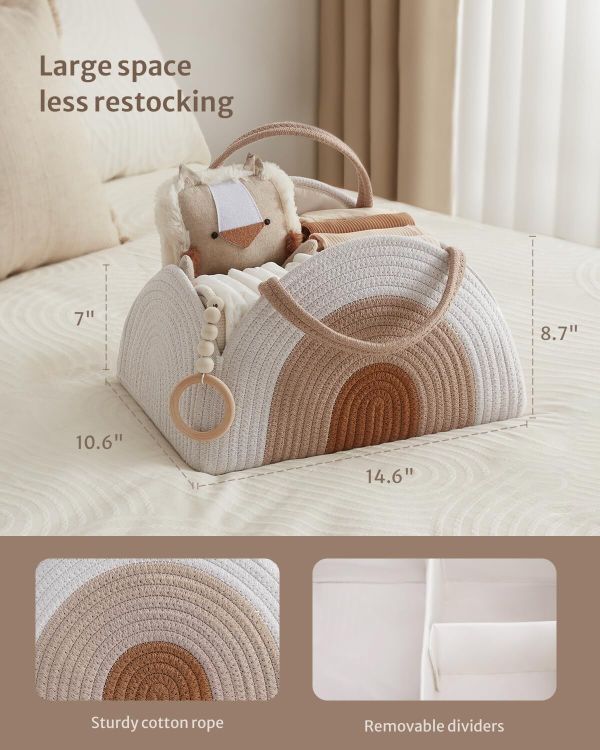 portable cotton rope diaper caddy – large baby storage basket with removable dividers and handles for nursery, car, travel – stylish organizing bin for newborn essentials (earthy rainbow)