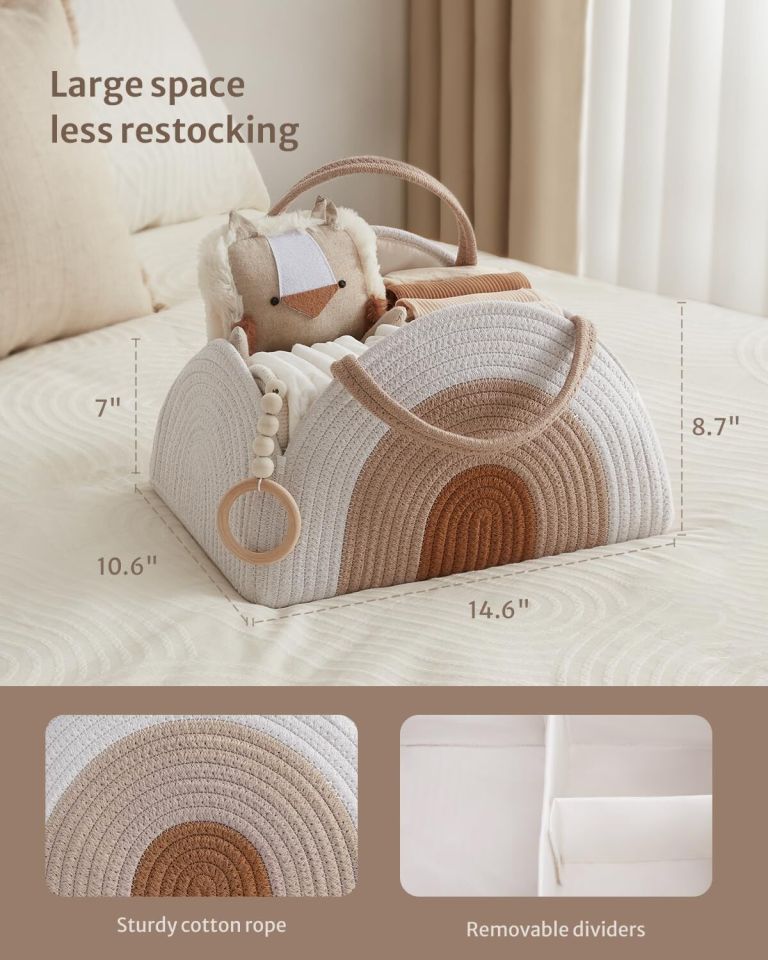 portable cotton rope diaper caddy – large baby storage basket with removable dividers and handles for nursery, car, travel – stylish organizing bin for newborn essentials (earthy rainbow) portable cotton rope diaper caddy – large baby storage basket with removable dividers and handles for nursery, car, travel – stylish organizing bin for newborn essentials (earthy rainbow)