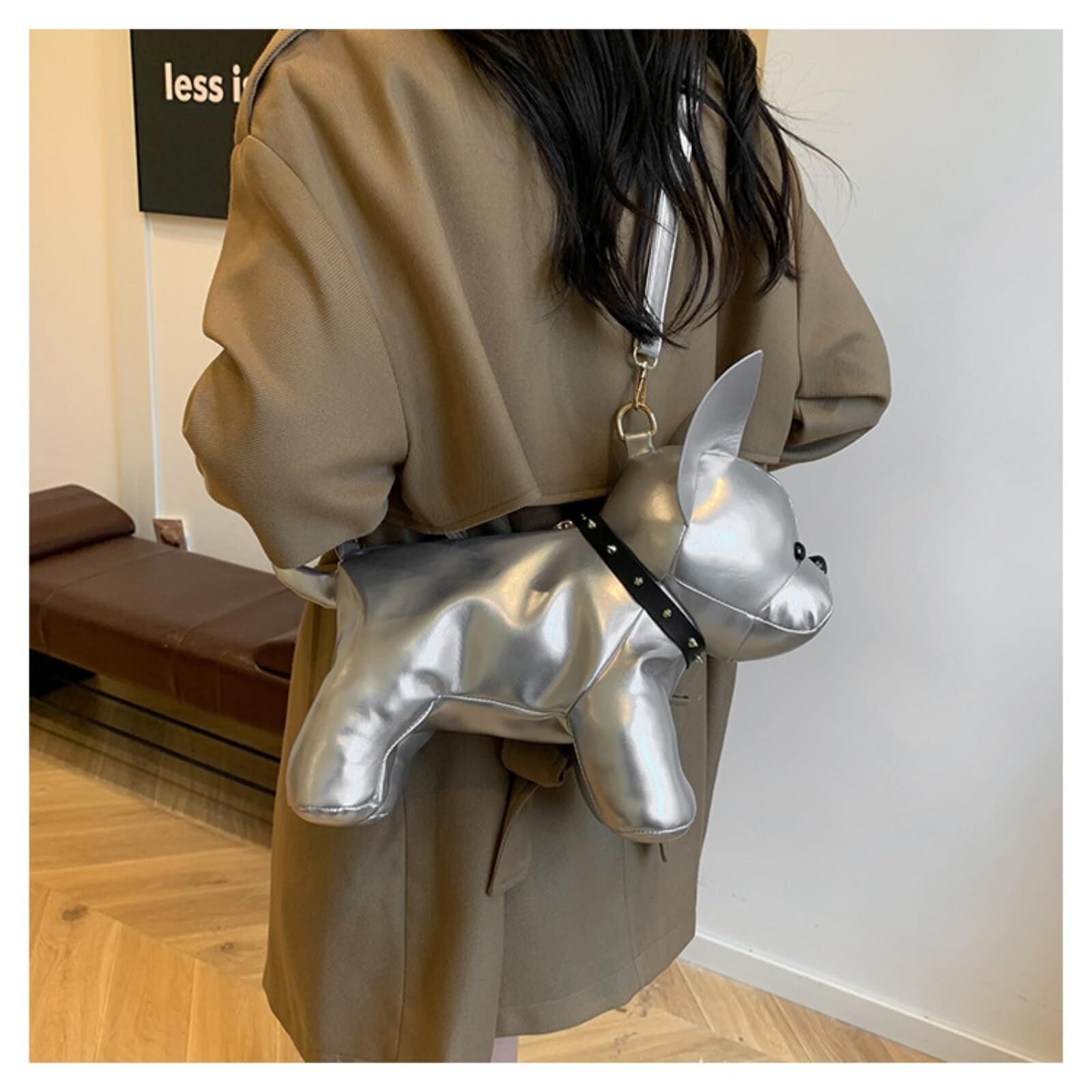 french bulldog shaped bag – cute animal crossbody shoulder bag with adjustable strap, pu leather dog backpack for women, fashion statement accessory (silver)