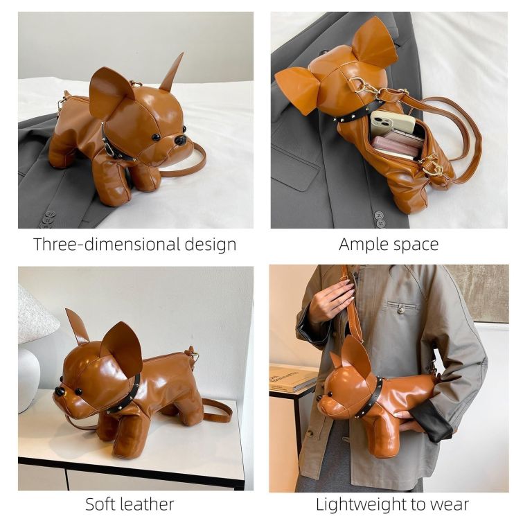 french bulldog shaped bag – cute animal crossbody shoulder bag with adjustable strap, pu leather dog backpack for women, fashion statement accessory (brown)