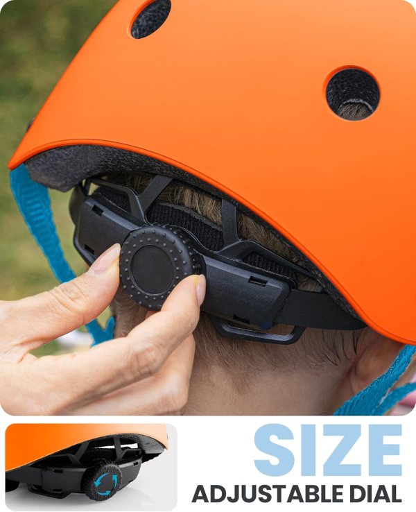 outdoormaster youth & kids bike helmet adjustable multi sports skateboard helmet with removable liners for balance bike, toddler scooter, one wheel hoverboard orange large