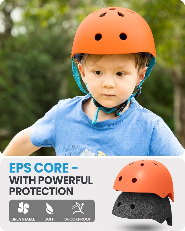 outdoormaster youth & kids bike helmet adjustable multi sports skateboard helmet with removable liners for balance bike, toddler scooter, one wheel hoverboard orange large