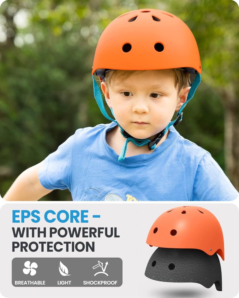 outdoormaster youth & kids bike helmet adjustable multi sports skateboard helmet with removable liners for balance bike, toddler scooter, one wheel hoverboard orange large