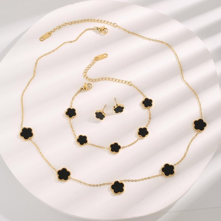 lucky clover 18k gold plated clover necklace bracelet earring for women fashion cute simple jewelry sets hypoallergenic women jewelry gift (black)