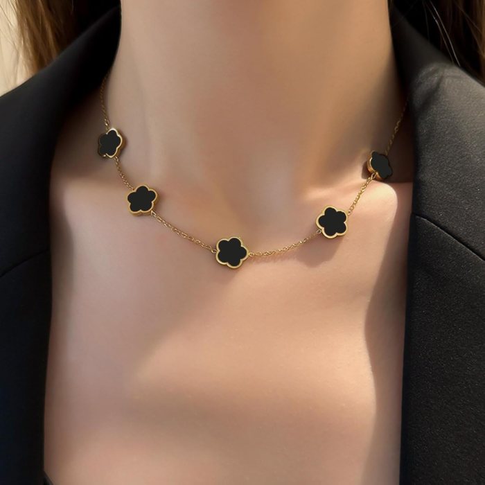 lucky clover 18k gold plated clover necklace bracelet earring for women fashion cute simple jewelry sets hypoallergenic women jewelry gift (black)
