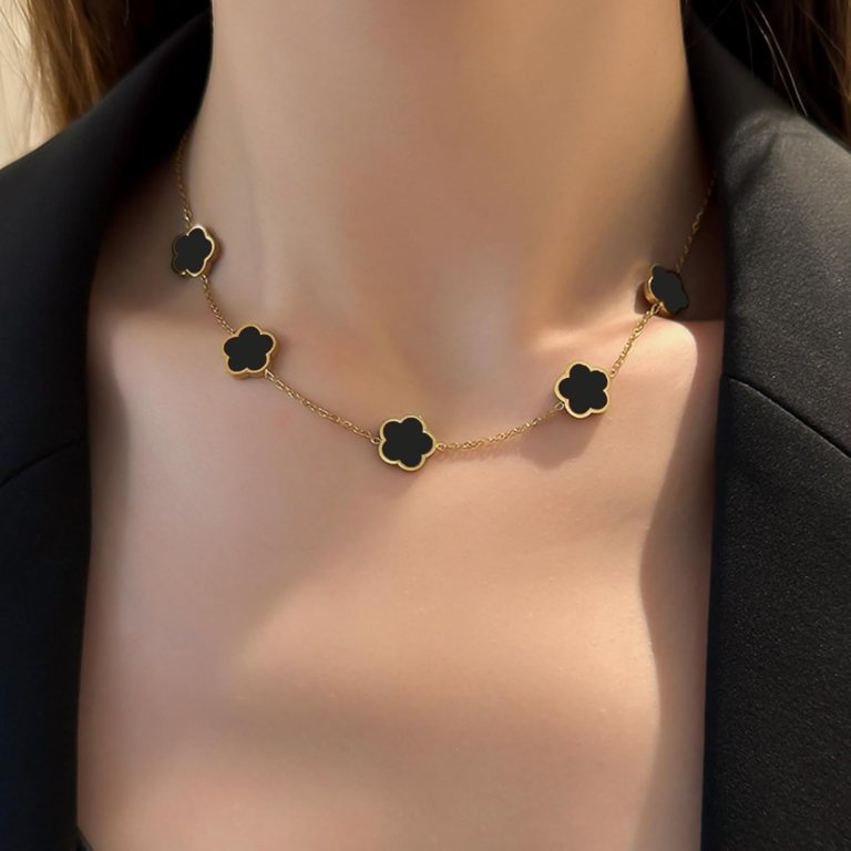 lucky clover 18k gold plated clover necklace bracelet earring for women fashion cute simple jewelry sets hypoallergenic women jewelry gift (black)