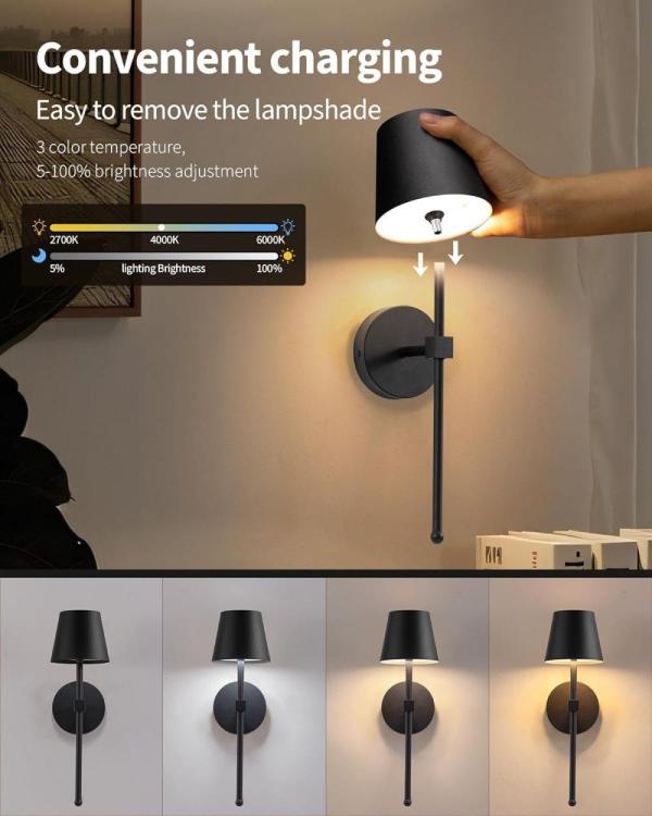 wireless wall lamps 2 pack, led lamps with rechargeable battery, stepless dimmable with remote control
