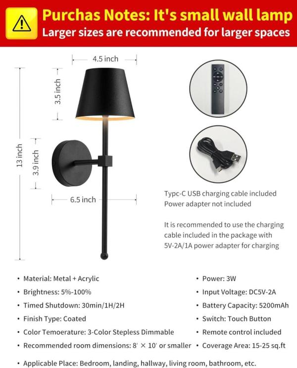 wireless wall lamps 2 pack, led lamps with rechargeable battery, stepless dimmable with remote control