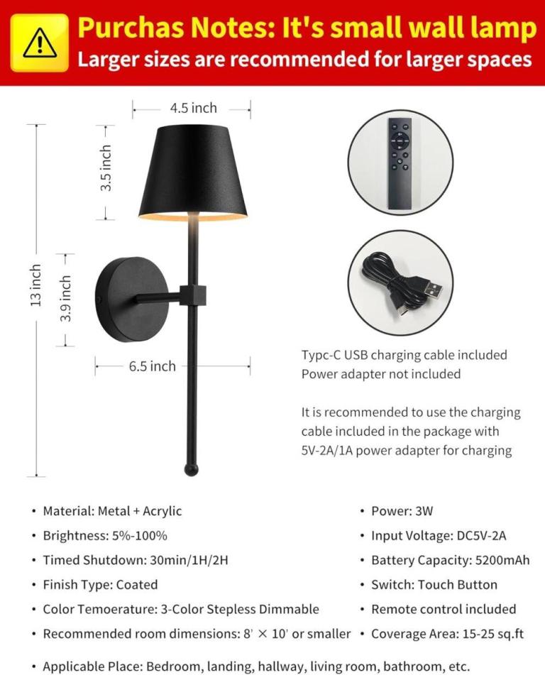 wireless wall lamps 2 pack, led lamps with rechargeable battery, stepless dimmable with remote control