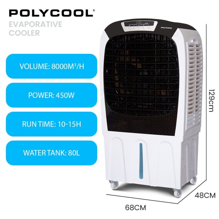 polycool 450w 80l evaporative air cooler, commercial grade, remote control, fan polycool 450w 80l evaporative air cooler, commercial grade, remote control, fan