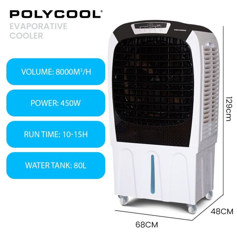 polycool 450w 80l evaporative air cooler, commercial grade, remote control, fan polycool 450w 80l evaporative air cooler, commercial grade, remote control, fan