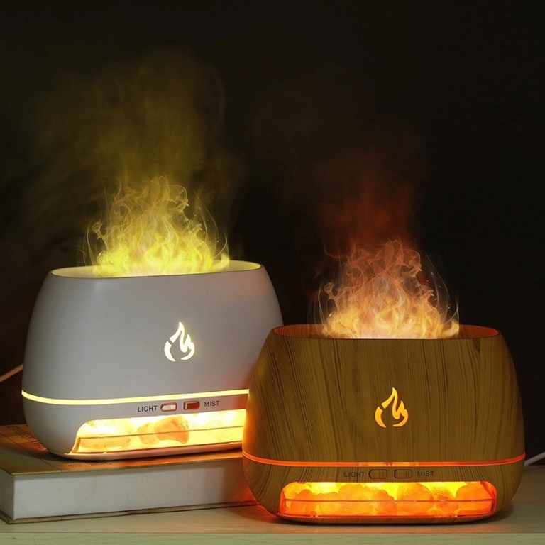 wood grain color himalayan salt flame aroma diffuser 250ml ultrasonic humidifier with 7 color led light for relaxation and decor