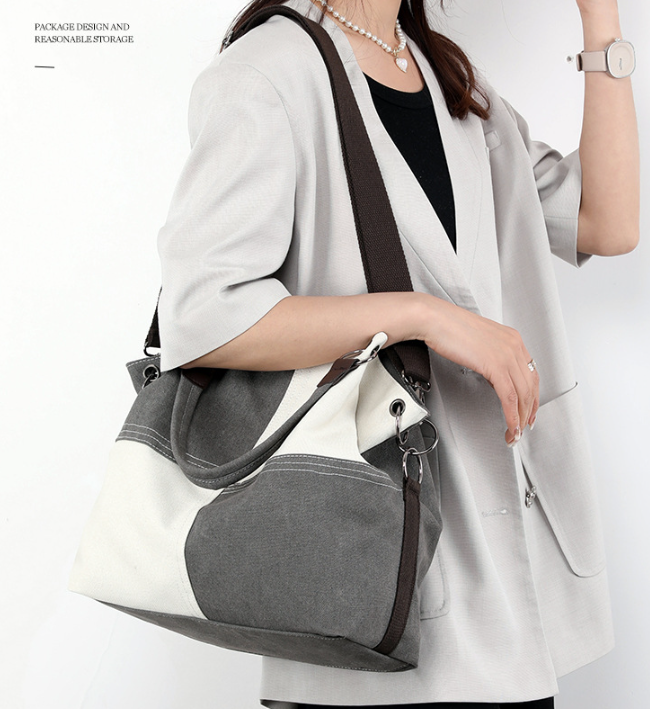 grey women's canvas patchwork tote bag large capacity shoulder handbag fits a4 magazine adjustable crossbody strap 34cm for work & school grey women's canvas patchwork tote bag large capacity shoulder handbag fits a4 magazine adjustable crossbody strap 34cm for work & school