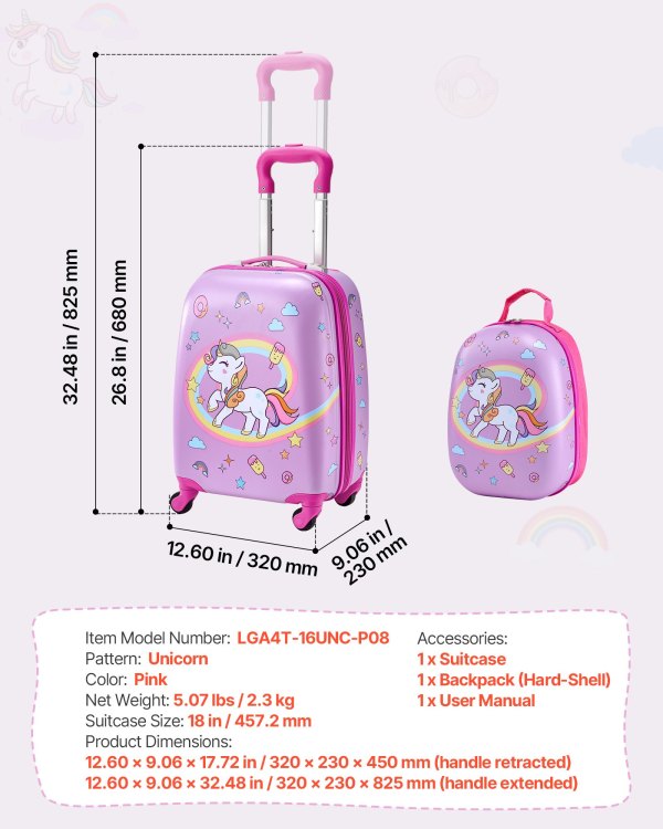 vevor kids luggage set, 2 piece, 45.7 cm hardside rolling wheels suitcase with hard shell backpack, unicorn kids carry on luggage set, holiday birthday present for girls & boys, airline approved vevor kids luggage set, 2 piece, 45.7 cm hardside rolling wheels suitcase with hard shell backpack, unicorn kids carry on luggage set, holiday birthday present for girls & boys, airline approved