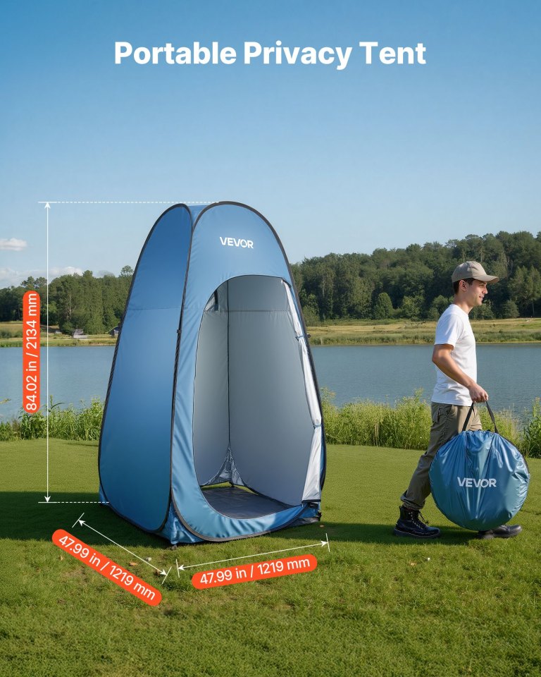 vevor pop up shower tent, instant portable privacy tent changing room with hanging bag, ground stakes, ropes, carry bag, 190t polyester with silver coating, quick setup, for camping, beach, fishing
