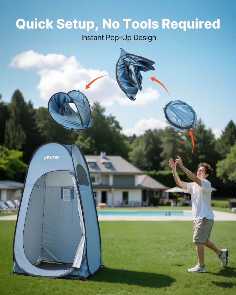 vevor pop up shower tent, instant portable privacy tent changing room with hanging bag, ground stakes, ropes, carry bag, 190t polyester with silver coating, quick setup, for camping, beach, fishing