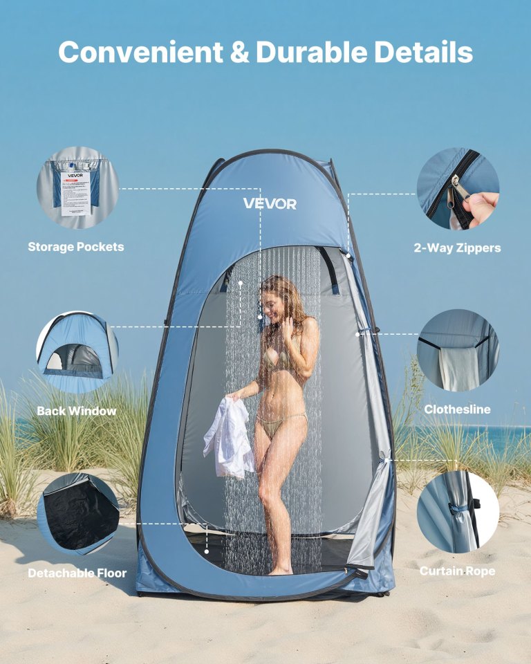 vevor pop up shower tent, instant portable privacy tent changing room with hanging bag, ground stakes, ropes, carry bag, 190t polyester with silver coating, quick setup, for camping, beach, fishing
