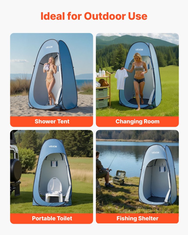 vevor pop up shower tent, instant portable privacy tent changing room with hanging bag, ground stakes, ropes, carry bag, 190t polyester with silver coating, quick setup, for camping, beach, fishing