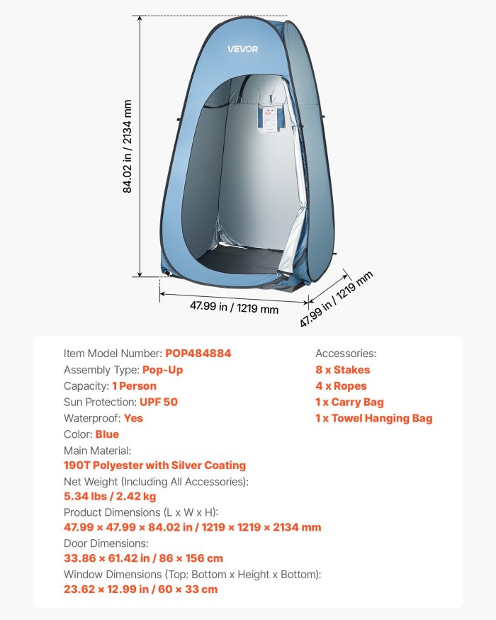 vevor pop up shower tent, instant portable privacy tent changing room with hanging bag, ground stakes, ropes, carry bag, 190t polyester with silver coating, quick setup, for camping, beach, fishing