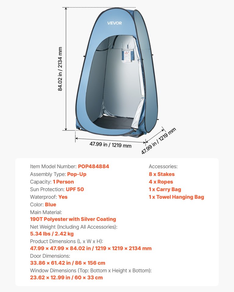 vevor pop up shower tent, instant portable privacy tent changing room with hanging bag, ground stakes, ropes, carry bag, 190t polyester with silver coating, quick setup, for camping, beach, fishing